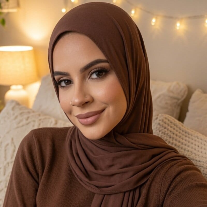Woman wearing a brown hijab smiles at the camera in a cozy, softly lit room with warm string lights in the background.